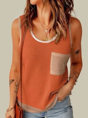🎀 Dokotoo Waffle Knit Color Block Tank Top Orange Beige Large
